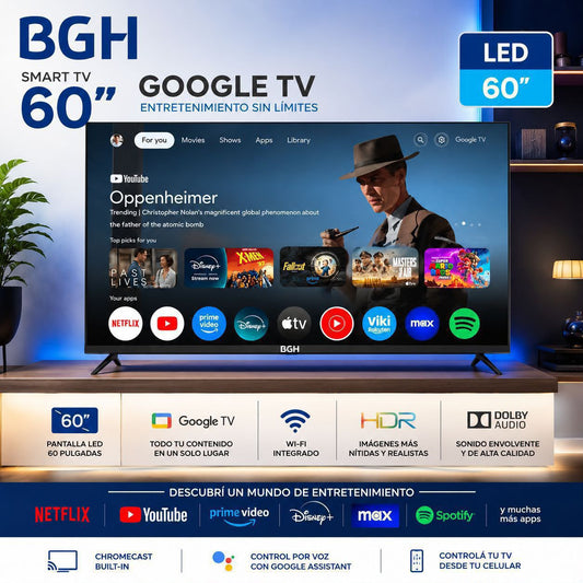 Smart TV BGH 60" Ultra HD 4K con Google TV, HDR, Chromecast y Dolby Audio