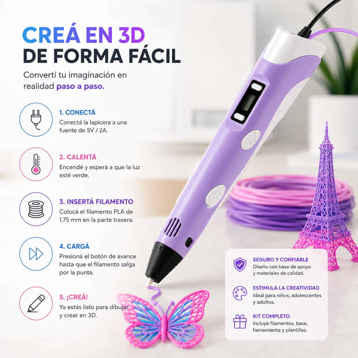 Lapicera 3D Profesional | Kit Completo con Filamentos, Base y Plantillas Creativas