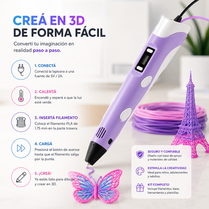 Lapicera 3D Profesional | Kit Completo con Filamentos, Base y Plantillas Creativas