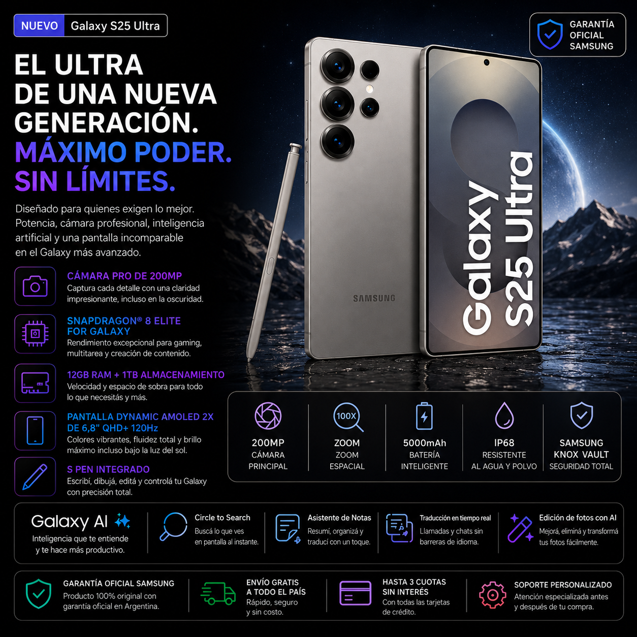 Samsung Galaxy S25 Ultra 5G 1TB 12GB RAM – Galaxy AI, Cámara de 200MP, S Pen y Pantalla Dynamic AMOLED 2X