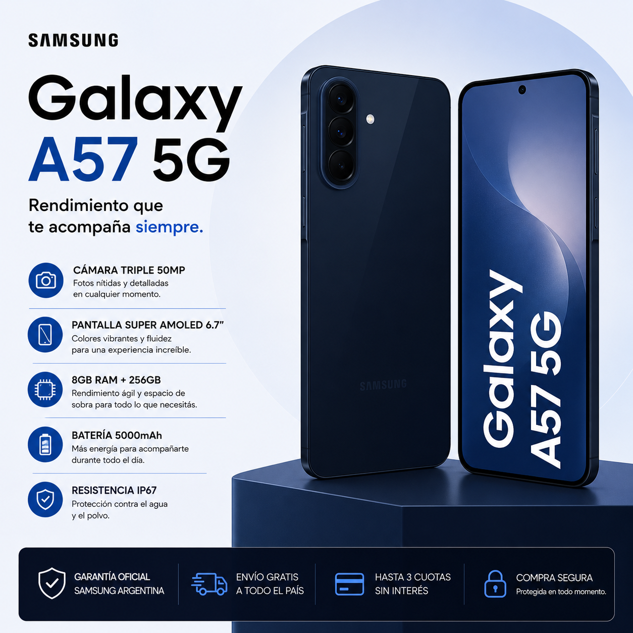 Samsung Galaxy A57 5G 256GB 8GB RAM – Pantalla Super AMOLED 6.7", Cámara Triple 50MP, Batería 5000mAh e IP67