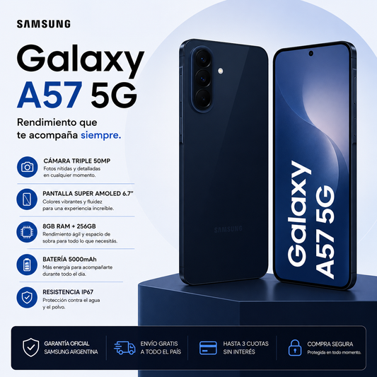 Samsung Galaxy A57 5G 256GB 8GB RAM – Pantalla Super AMOLED 6.7", Cámara Triple 50MP, Batería 5000mAh e IP67
