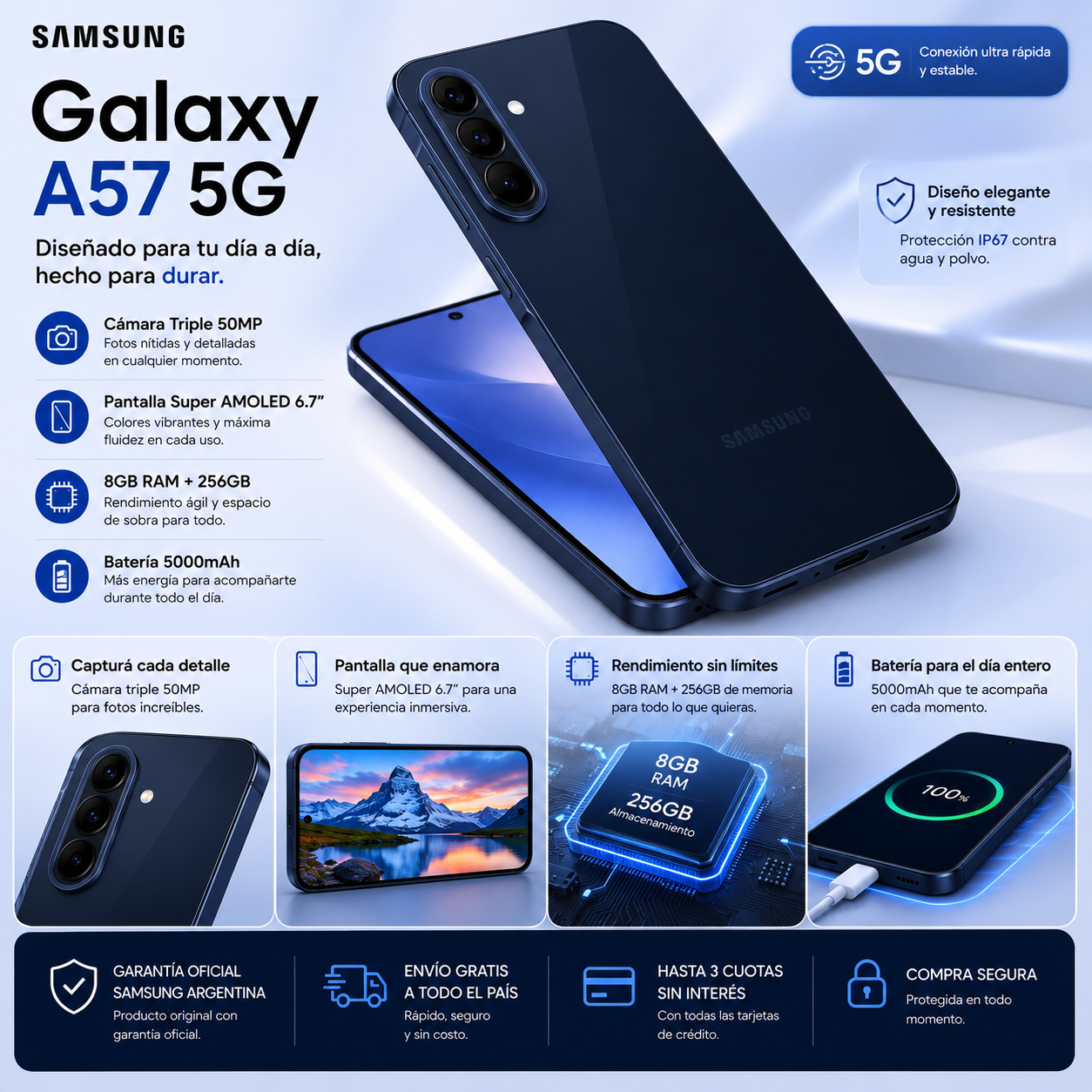 Samsung Galaxy A57 5G 256GB 8GB RAM – Pantalla Super AMOLED 6.7", Cámara Triple 50MP, Batería 5000mAh e IP67