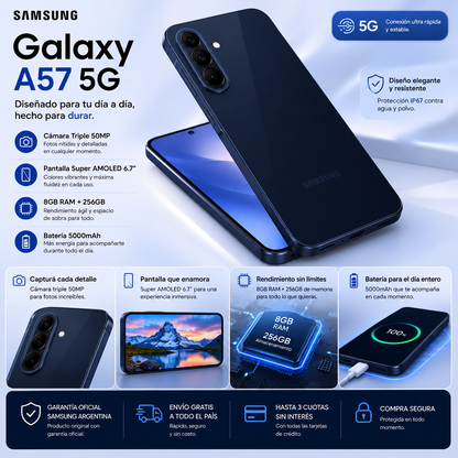 Samsung Galaxy A57 5G 256GB 8GB RAM – Pantalla Super AMOLED 6.7", Cámara Triple 50MP, Batería 5000mAh e IP67