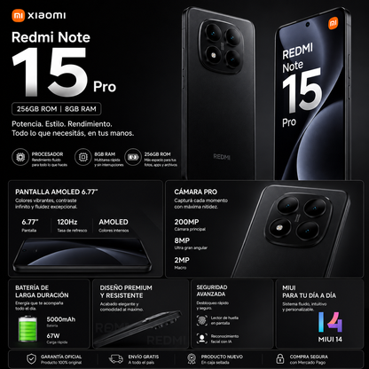 Xiaomi Redmi Note 15 5G 256GB 8GB RAM – Pantalla AMOLED 120Hz, Cámara IA 200MP, Batería 5000mAh y Carga Rápida