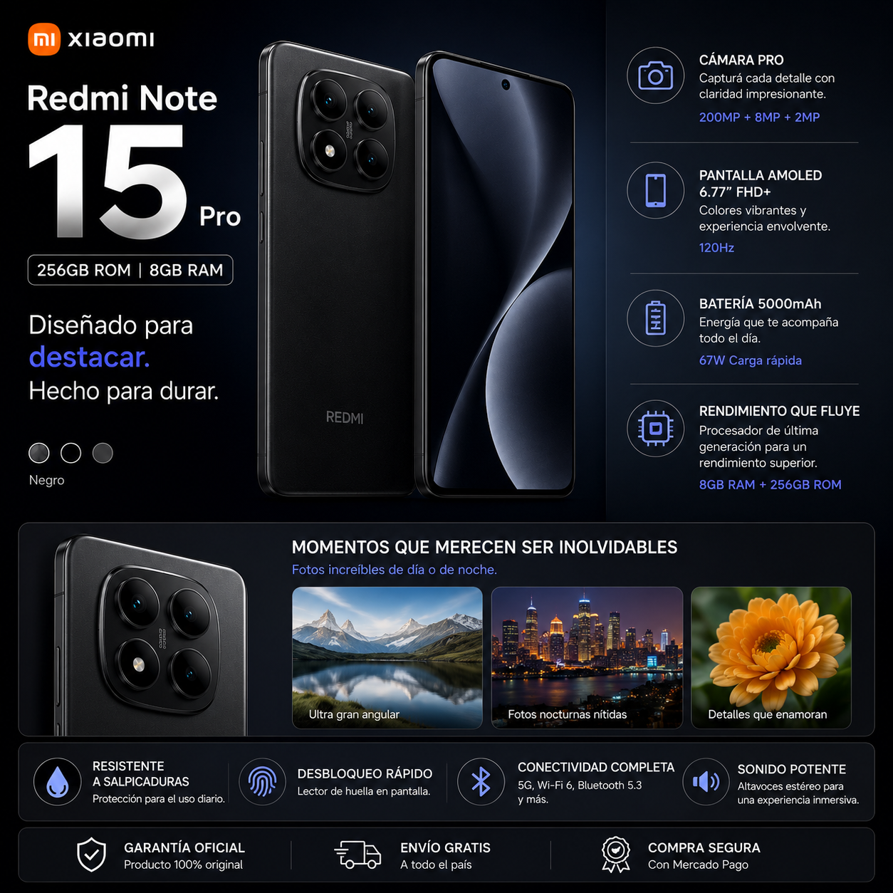 Xiaomi Redmi Note 15 5G 256GB 8GB RAM – Pantalla AMOLED 120Hz, Cámara IA 200MP, Batería 5000mAh y Carga Rápida