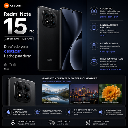 Xiaomi Redmi Note 15 5G 256GB 8GB RAM – Pantalla AMOLED 120Hz, Cámara IA 200MP, Batería 5000mAh y Carga Rápida
