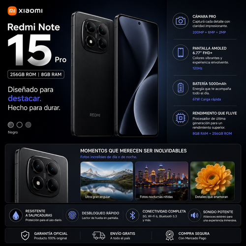 Xiaomi Redmi Note 15 5G 256GB 8GB RAM – Pantalla AMOLED 120Hz, Cámara IA 200MP, Batería 5000mAh y Carga Rápida