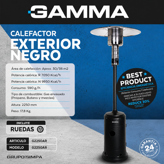 Calefactor Exterior Gamma a Gas Negro con Ruedas – Cobertura hasta 36 m², Alta Potencia y Encendido Fácil