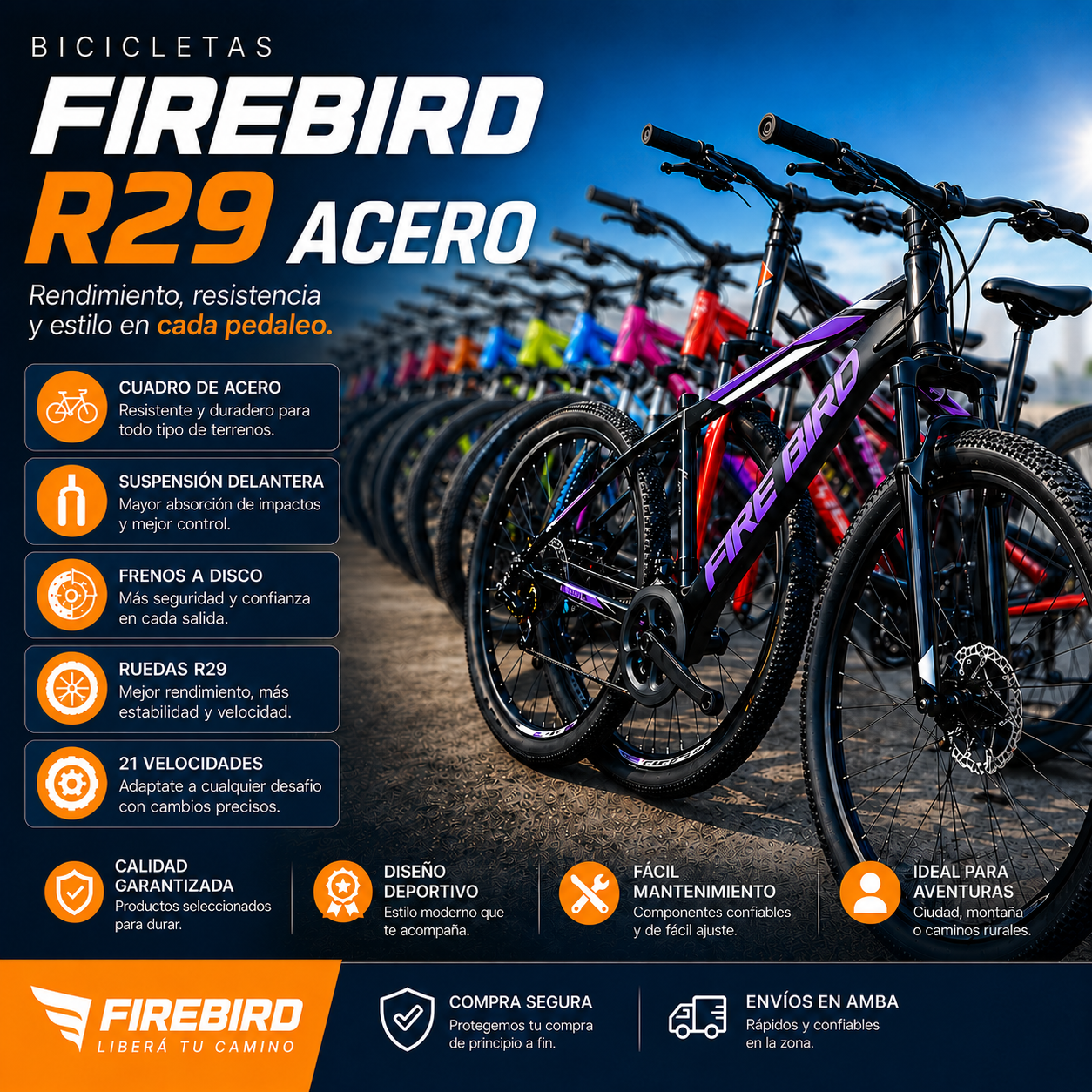 Bicicleta Firebird R29 de Acero con Suspensión Delantera y Frenos a Disco