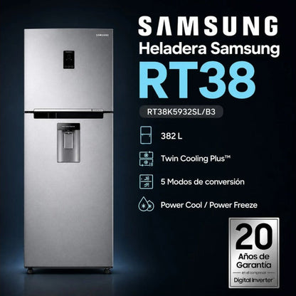 Heladera Samsung RT38 Inverter No Frost 382L con Dispenser de Agua – Silver