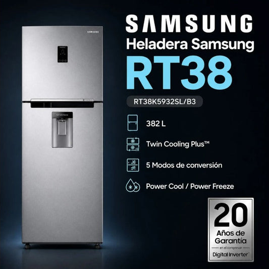 Heladera Samsung RT38 Inverter No Frost 382L con Dispenser de Agua – Silver