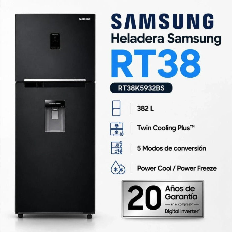 Heladera Samsung RT38 Inverter No Frost 382L con Dispenser de Agua – Black