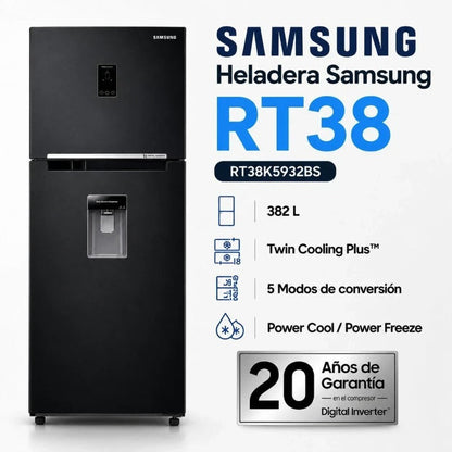 Heladera Samsung RT38 Inverter No Frost 382L con Dispenser de Agua – Black