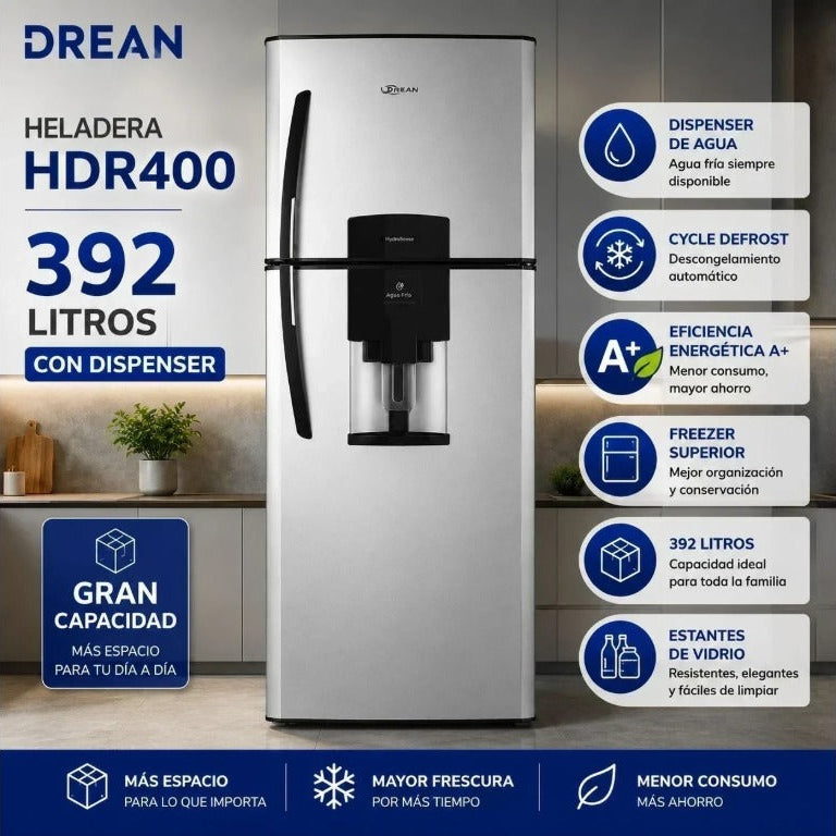 Heladera Drean HDR400 392L con Dispenser de Agua – Freezer Superior