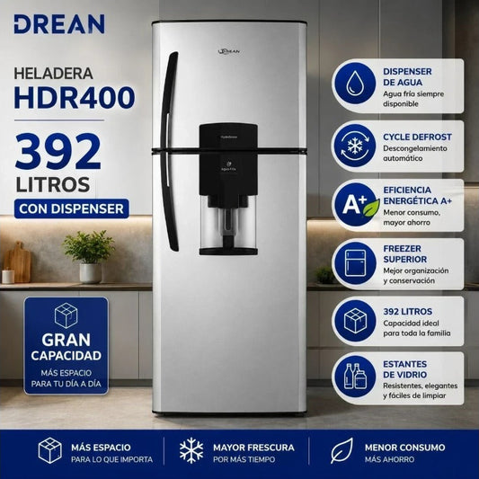 Heladera Drean HDR400 392L con Dispenser de Agua – Freezer Superior